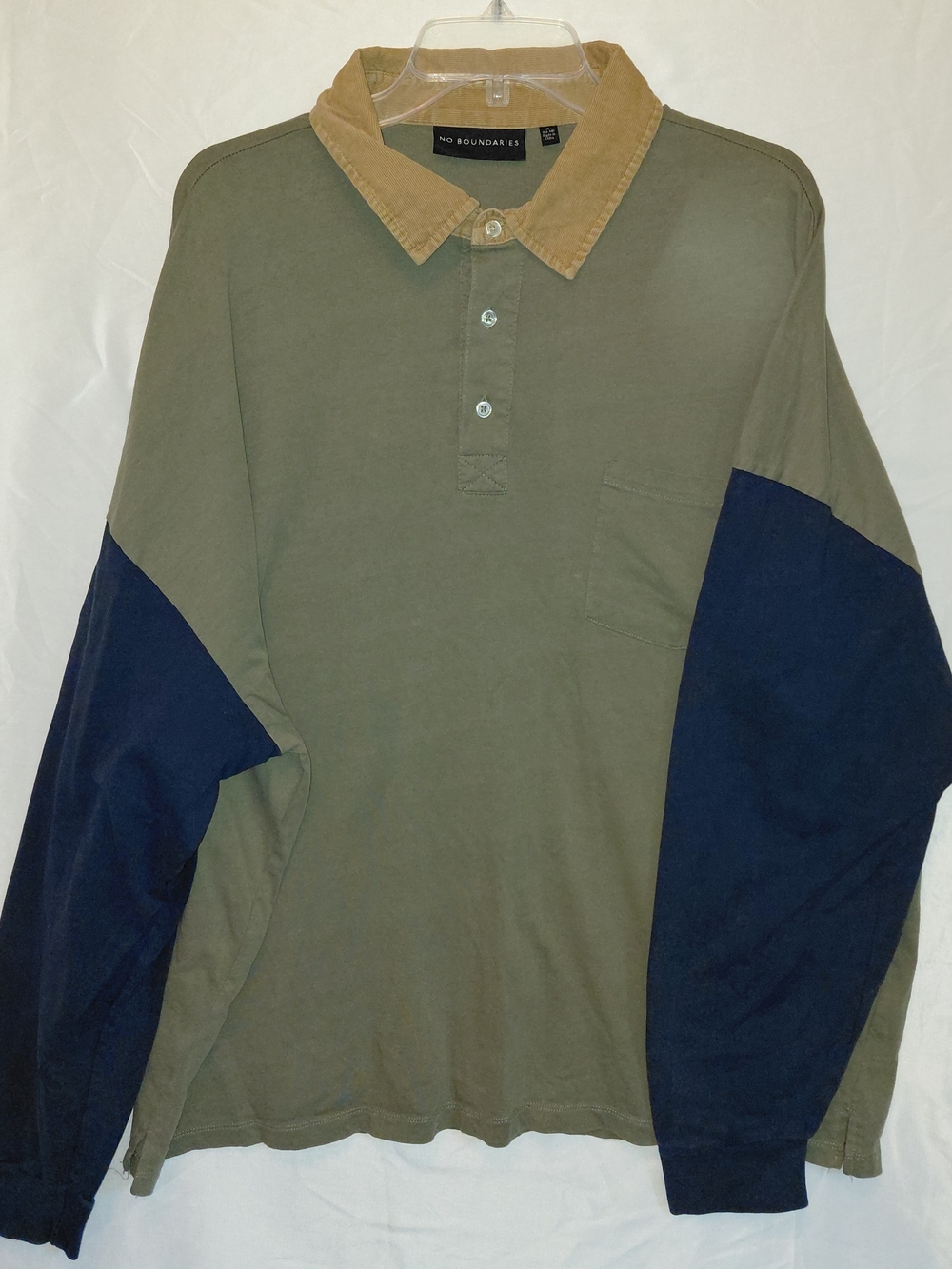 No Boundaries Olive Body Navy Sleeve Long-Sleeve Polo with Tan Collar #2570